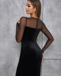  O Neck Gauze Long Sleeve Mini Dress Elegang Black Hollow Out Transparent Long Sleeve Slim Dress Nightclub Celebrity Par