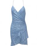  V Neck Sequins Ruffles Mini Dress Elegant Sky Blue Sleeveless Backless Ruffles Folds Mini Slim Dress Club Party Evening