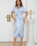  V Neck Short Sleeve Midi Dress Women Sky Blue With Belt Draped Midi Slim Dress Summer Evening Celebrity Club Party Dres