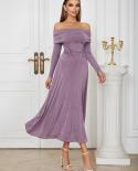  Off The Shoulder Long Sleeve Pleated A Line Dress Women Temperament Strapless Purple Party Midi Dress Evening Club Dres