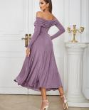  Off The Shoulder Long Sleeve Pleated A Line Dress Women Temperament Strapless Purple Party Midi Dress Evening Club Dres