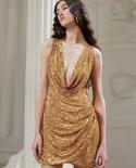  Vneck Luxury Gold Sequins Mini Dress Elegant Sleeveless Gold Sequins Pleated Bodycon Dress Celebrity Evening Club Dress