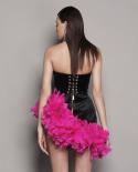  Strapless Backless Laceup Feathers Dress Women Black Velet Feather Design Badycon Mini Dress Evening Catwalk Party Dres