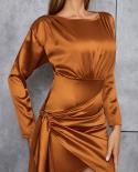  O Neck Long Sleeve Draped Mini Dress Elegant Long Sleeve Satin Pleated Skinny Mini Dress Women Evening Party Club Dress