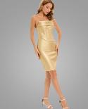  Strapless Leather Ruched Bodycon Mini Dress Elegant Gold Off Shoulder Backless Corset Dress Women Party Club Evening Dr