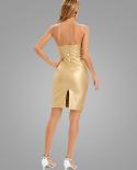  Strapless Leather Ruched Bodycon Mini Dress Elegant Gold Off Shoulder Backless Corset Dress Women Party Club Evening Dr