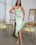  Asymmetrical Spaghetti Straps Backless Midi Dress Summer Elegant Mint Green Sleeveless Sling Split Dress Party Evening 