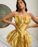  V Neck Spaghetti Strap Ruffled Mini Dress Summer Women Gold Sliver A Line Ballet Dress Elegant Evening Party Club Dress