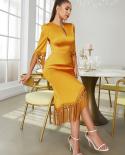  O Neck Asymmetry Tassels Satin Bodycon Dress Elegant Gold Haff Sleeve Tassels Slim Midi Dress Evening Party Club Dress