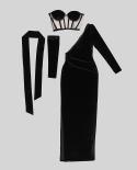 Um ombro manga longa com luvas vestido longo elegante malha preta patchwork sutiã 4 peças conjuntos feminino festa noite vestido
