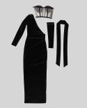 Um ombro manga longa com luvas vestido longo elegante malha preta patchwork sutiã 4 peças conjuntos feminino festa noite vestido
