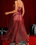 Long Red Sequin Dress Strapless  Discount Long Red Sequin Dress   Sleeveless  