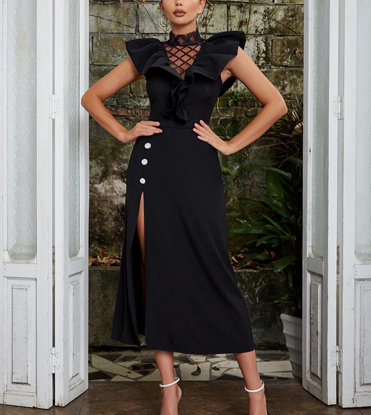  Butterfly Sleeve Ruffles Maxi Dress Elegant Black Ruffles Sleeveless Mesh Hollow Out Split Dress Celebrity Evening Part