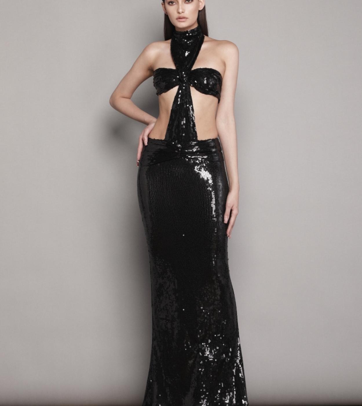  Sleeveless Hollow Out Sequin Long Dress Women Black Halter Backless Shinning Sequines Slim Dress Elegant Celebrity Part