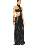  Sleeveless Hollow Out Sequin Long Dress Women Black Halter Backless Shinning Sequines Slim Dress Elegant Celebrity Part