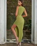  Sleeveless O Neck Cut Out Long Dress Elegant Green Tank Backless Hollow Out Side Split Slim Dress Club Party Evening Dr