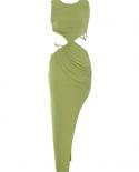  Sleeveless O Neck Cut Out Long Dress Elegant Green Tank Backless Hollow Out Side Split Slim Dress Club Party Evening Dr