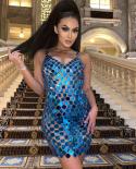  Sleeveless Backless Acrylic Sequins Dress Women V Neck Hollow Out See Through Geometric Sequins Mini Dress Nightclub Pa