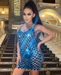  Sleeveless Backless Acrylic Sequins Dress Women V Neck Hollow Out See Through Geometric Sequins Mini Dress Nightclub Pa