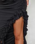  Chain Straps Ruffles Tassels Midi Dress Women Black Sleeveless Folds Ruffles Split Slim Dress Evening Party Club Dresse