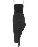  Chain Straps Ruffles Tassels Midi Dress Women Black Sleeveless Folds Ruffles Split Slim Dress Evening Party Club Dresse