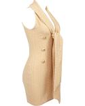  Scarf Collar Tank Mini Bodycon Dress Elegant Khaki V Neck Jacquard Textured Double Breasteds Slim Dress Party Club Even