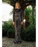 Luxury Sequins Long Sleeve Backless Long Dress Elegant O Neck Backlees Lace Up Shiny Sequins Maxi Dress Evening Cocktai