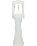  Backless Crystal Chain Long Sleeve Maxi Dress Elegant White Black O Neck Diamond Chain Mermaid Long Dress Party Evening