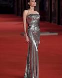  Strapless Sequins Folds Long Dress Elegant Silver Sequined Glitter Backless Long Dress Luxury Celebrity Evening Party D