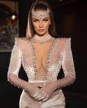  Mesh Luxury Crystal Long Sleeve With Gloves Long Dress Elegant Beige Rhinesontes High Slit Velvet Evening Party Dress  