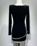  Velvet Long Sleeves Crystal Diamond Mini Dress Elegant Black  Beading Design Mesh Patchwork Slim Dress Evening Party Dr