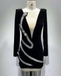  Velvet Long Sleeves Crystal Diamond Mini Dress Elegant Black  Beading Design Mesh Patchwork Slim Dress Evening Party Dr