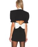  Deep V Neck Short Sleeve Bow Mini Dress Elegant Women Crystal Button Backless Bow Mini Dress Evening Party Club Dresses