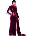 Winter High Slit  Beauty Pageant Gowns Velvet Formal Dress Fashion Hollow Out Long Sleeve Elegant Celebrity Party Long D