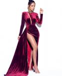 Winter High Slit  Beauty Pageant Gowns Velvet Formal Dress Fashion Hollow Out Long Sleeve Elegant Celebrity Party Long D