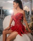  Offshoulder Feather Diamond Sequined Bodycon Dress Women Red V Neck Feather Beaded Mini Slim Dress Celebrity Party Cock