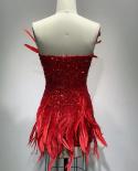  Offshoulder Feather Diamond Sequined Bodycon Dress Women Red V Neck Feather Beaded Mini Slim Dress Celebrity Party Cock