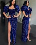  V Neck Puff Sleeve Luxury Sequined Corset Long Dress Summer Blue Short Sleeve Side High Split Dress Elegant Evening Par