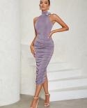  Turtleneck Sleeveless Tie Flower Design Dress Women Purple Tank Folds Ruched Flower Bodycon Midi Dress Elegant Party Cl