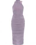  Turtleneck Sleeveless Tie Flower Design Dress Women Purple Tank Folds Ruched Flower Bodycon Midi Dress Elegant Party Cl