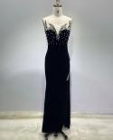  Strapless Luxury Pearl Beaded Long Dress Women Black Velvet V Neck Split Maxi Dress Elegant Evening Party Dress
