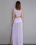  One Shoulder Chain Slit Long Dress Elegant Lavender Slanted Neck Sleeveless Irregular Cutout Dress Women Summer Party D