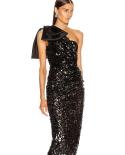  One Shoulder Bow Sequins Midi Dress Women Black Slanted Neck Mesh Sequined Slim Dress Elegant Party Evening Club Dresse