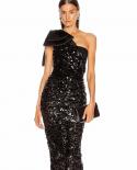  One Shoulder Bow Sequins Midi Dress Women Black Slanted Neck Mesh Sequined Slim Dress Elegant Party Evening Club Dresse