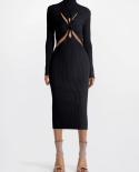  Turtleneck Pleated Hollow Out Bodycon Dress Elegant Long Sleeve Cross Knot Knitted Midi Dress Party Club Evening Dress 