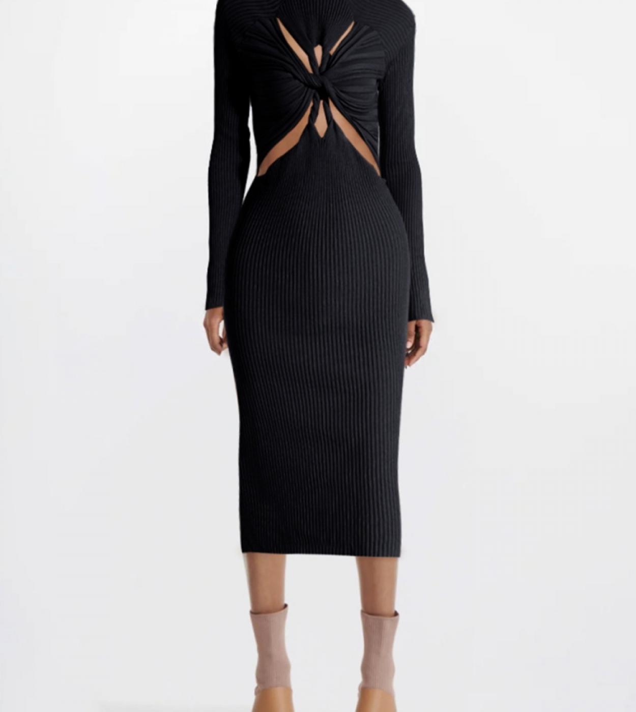  Turtleneck Pleated Hollow Out Bodycon Dress Elegant Long Sleeve Cross Knot Knitted Midi Dress Party Club Evening Dress 