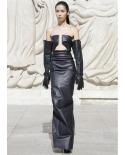  Strapless V Neck Pu Leather Long Dress Elegant Black Sliver Sleeveless Split Backless Folds Maxi Bodycon Dress Evening 