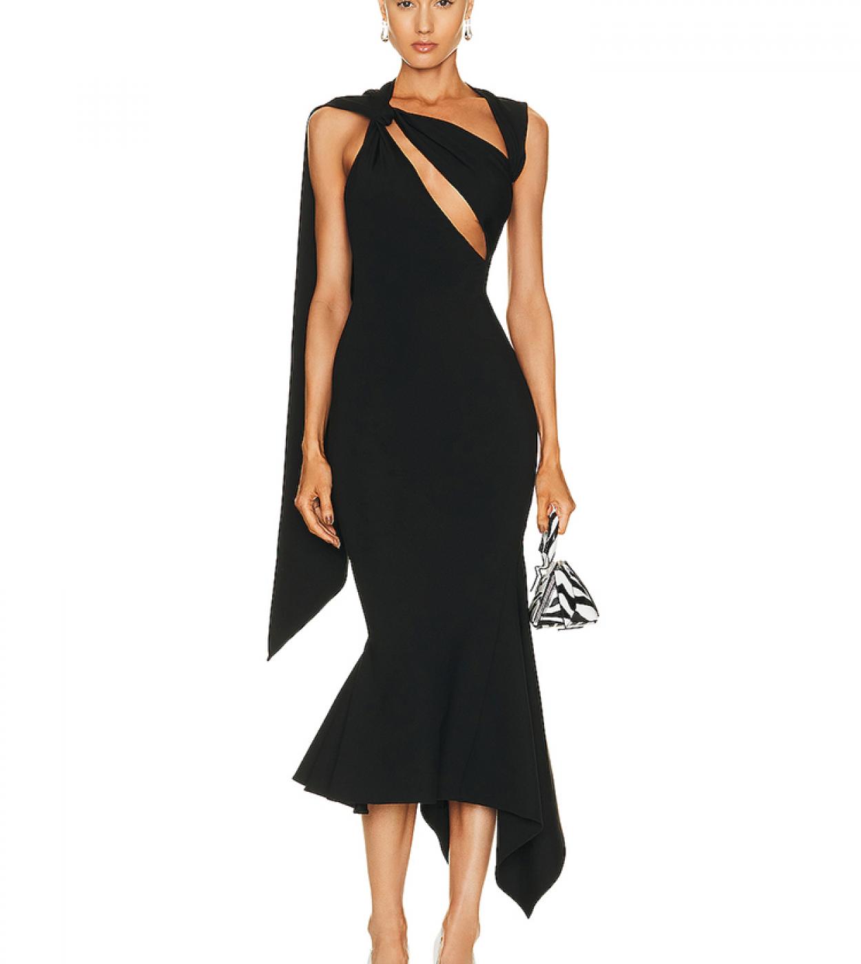  Diagonal Collar Cutout Design Long Dress Women Black Sleeveless Backless Irregular Slim Dress Elegant Evening Club Part
