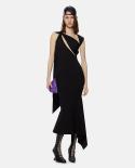  Diagonal Collar Cutout Design Long Dress Women Black Sleeveless Backless Irregular Slim Dress Elegant Evening Club Part