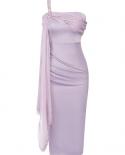 One Shoulder Draped Satin Midi Dress Women Lavender Sleeveless Backless Ribbon Bodycon Dress Elegant Party Evening Club